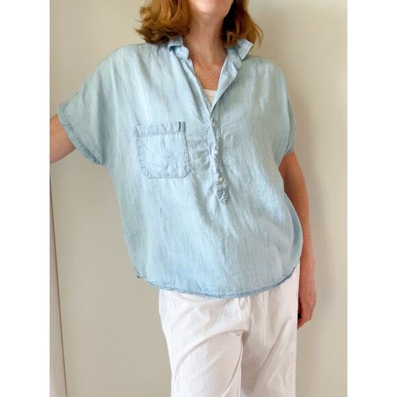 Grayson Denim Chambray Cropped Blouse Size 02 Classic Minimalist Closet Staple - Picture 8 of 8